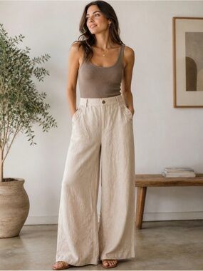 CAMI NYC Womens Size 2 Lorien Linen/Cotton Wide-Leg Pants Ruffle Pockets
